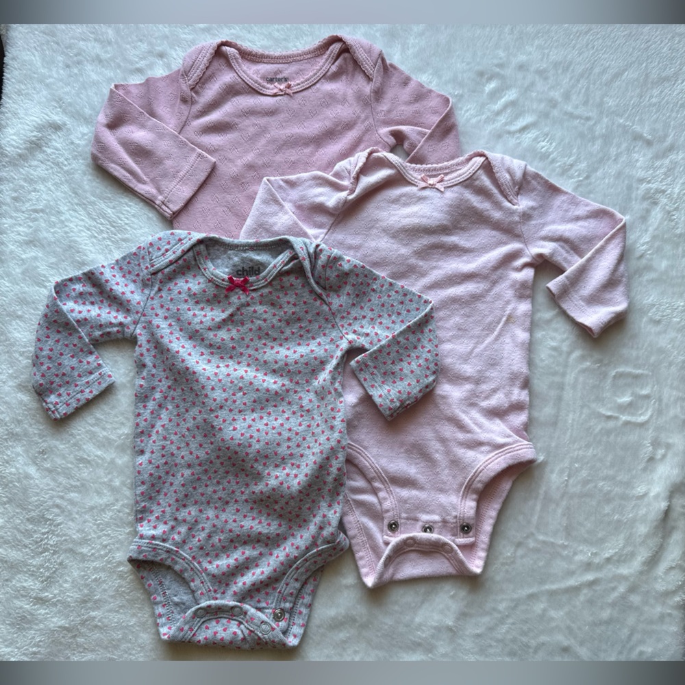 3-Pack Baby Girl Long Sleeve Bodysuits - Pink & Gray